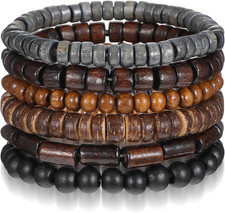 Mens Beaded Bracelets 6pc Set Wooden Beads Braided Leather Vintage Grunge Bangle