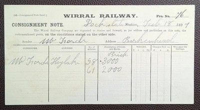 1897 Wirral Eisenbahn Frachtbrief Birkenhead Dock Stn. nach Hoylake für Ziegel