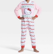 Hello Kitty Girl's Holiday Soft Velour Fleece Hooded Pajama Sleeper Small 6/6X