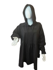 ChicSoul Negro Con Capucha Babydoll Túnica Sudadera Para Mujer Talla 1X Largo Vestido con Capucha