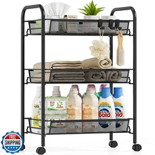 SYKIARIOL Metal Rolling Utility Cart, 3-Tier Mesh Wire Storage Trolley with E