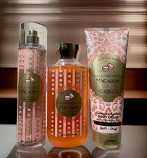 Bath & Body Works PEACH PROSECCO MACARO-MIST, GEL, BODY CREAM- 3 PC SET-NEW