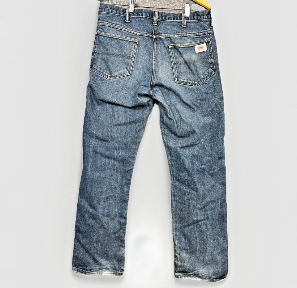 Calça jeans azul masculina Roundhouse perna reta tamanho 34x32 feita nos EUA jeans cru roupa de trabalho - Imagem 3 de 4