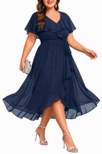 Pinup Fashion Plus Size Wedding Guest Navy Blue Semi Formal Chiffon Dress