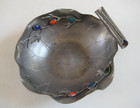 Antique Chinese Pewter Bowl Lotus Shape with Inset Glass Stones