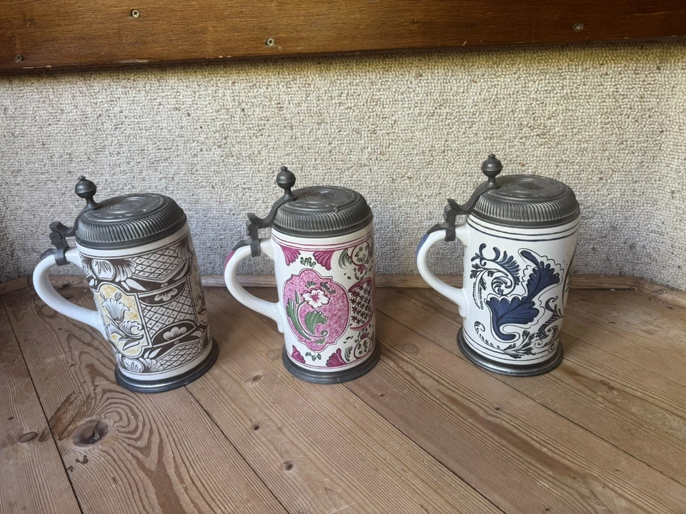 Antike Fayence Walzenkrüge 3er Set 19 Jh Zinndeckel Maria Volkskunst - Bild 2 von 4