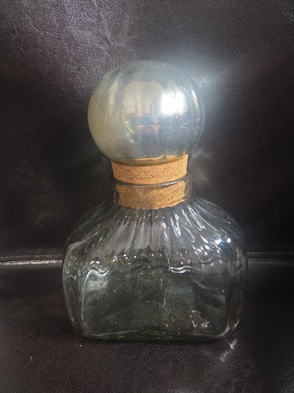 Vintage 80s Hand Blown Glass Decanter w/ Mercury Glass Sphere Stopper.