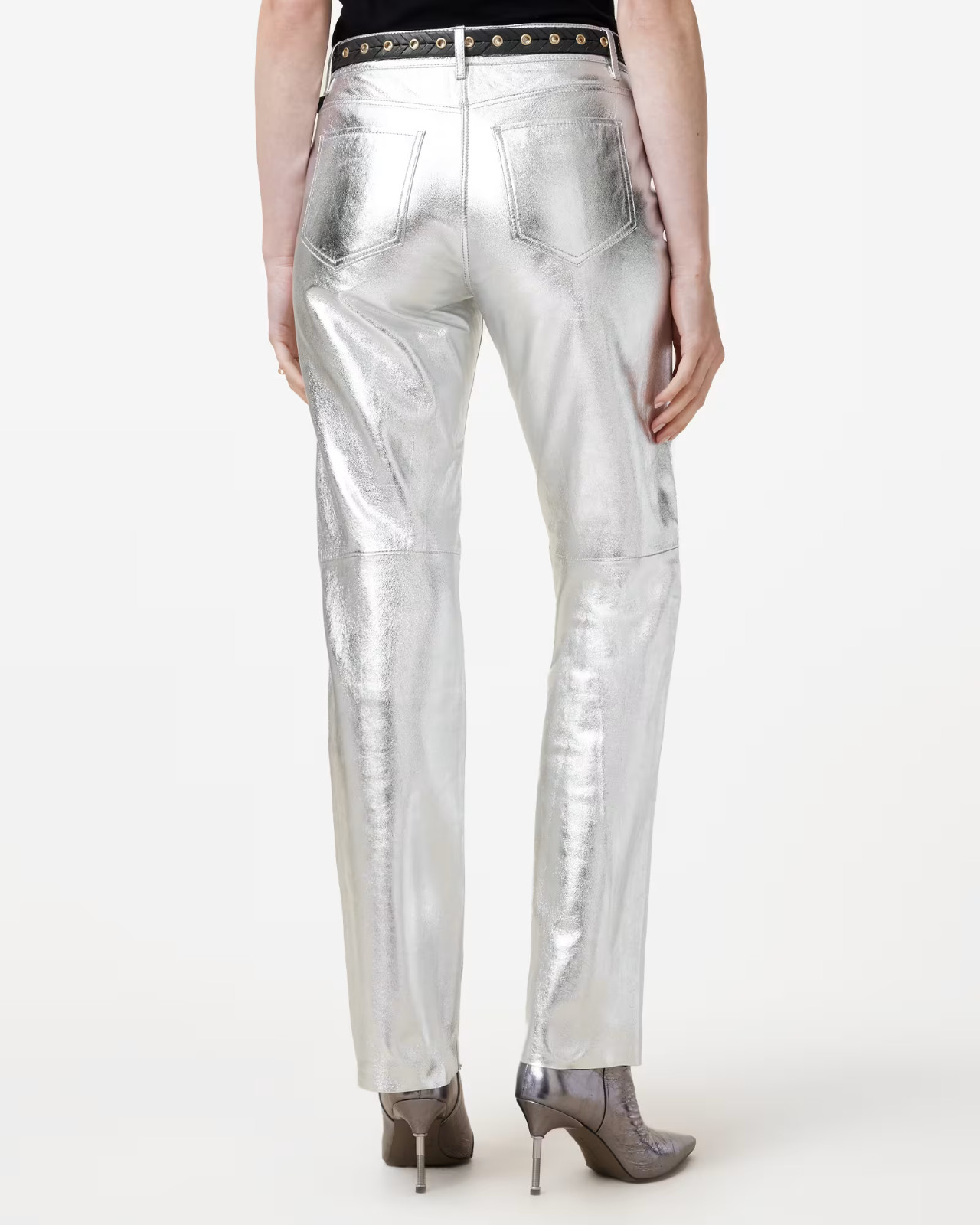 All Saints Saige Foil Metallic Leather Trousers - Silver - RRP £395 image 4