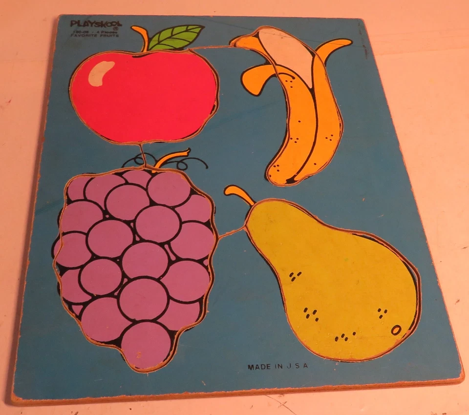 Rompecabezas Bandeja Madera Vintage 1982 Playskool Frutas Favoritas 4 piezas Manzana Uva BanPea Foto 2 de 4