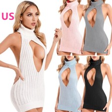 Women's Knitted Cut Out Sleeveless Dress Sexy Turtleneck Backless Tank Dress