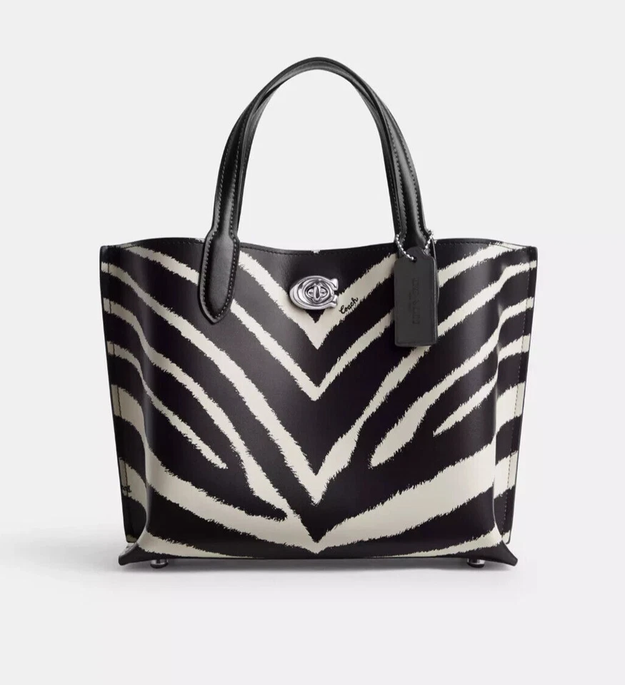 Coach Silver/Brown/Multi Willow Zebra Print Refined Calf Leather Tote 24 (CM561)