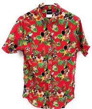 Disney Hawaiian Shirt Mens M Red Mickey Minnie Mouse Aloha Button Up Casual