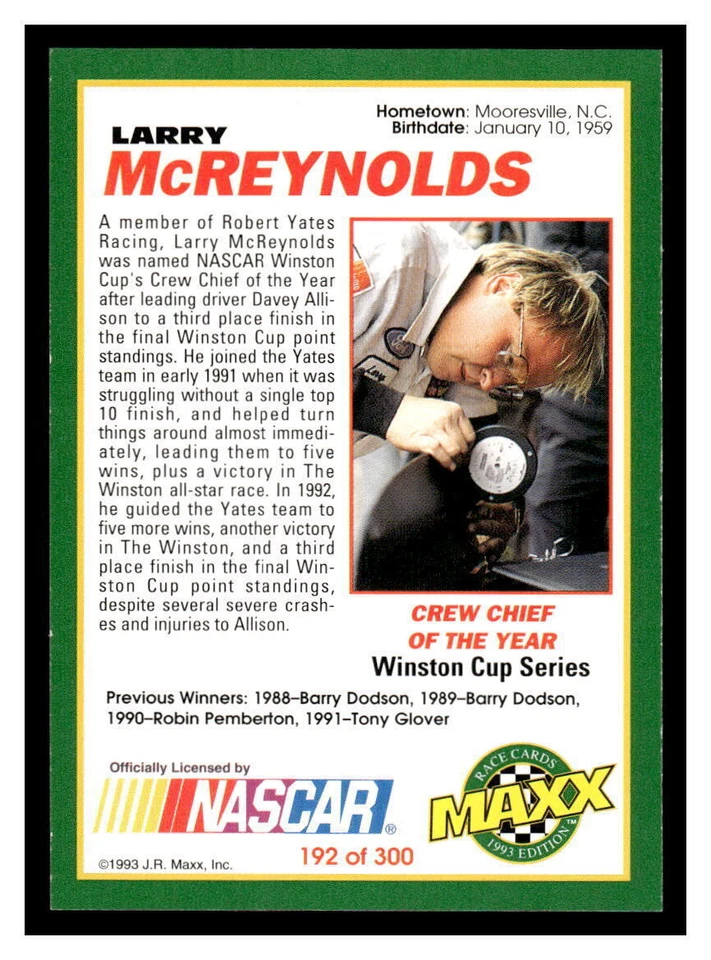 1993 Maxx #192 Larry McReynolds/Crew Chief of the Year - Image 2 of 2
