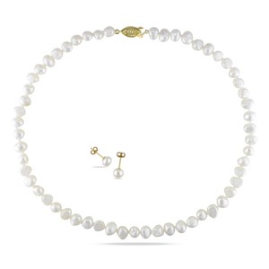 Yellow plated Freshwater Pearl Necklace and Stud Earrings Set 7.5-8 mm