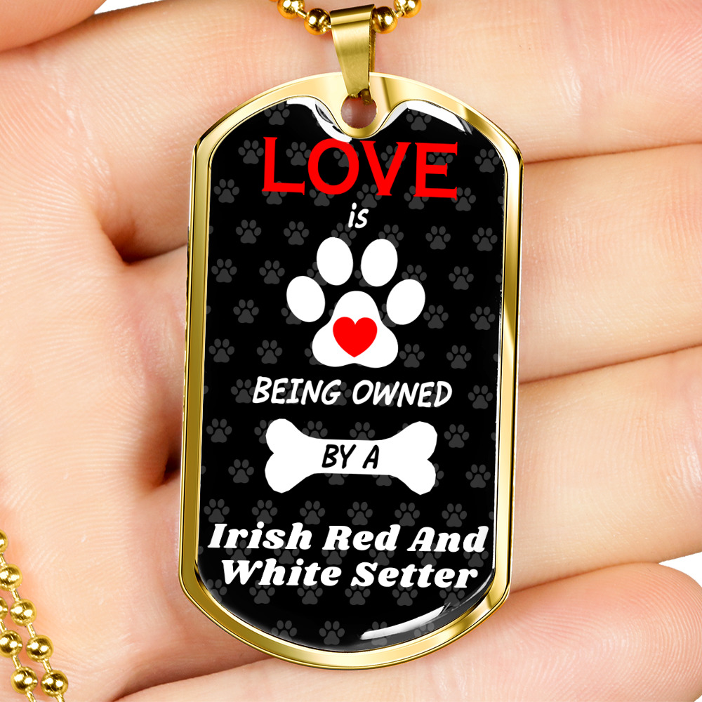 Irish Red And White Setter Love Is Stainless Steel or 18k Gold Dog Tag 24" Chai
