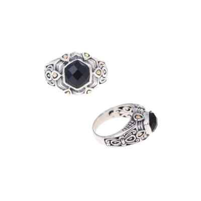 Midnight Sky Bali Ring, Black Onyx Center, 18 Karat Gold Teardrop Bead Embellish