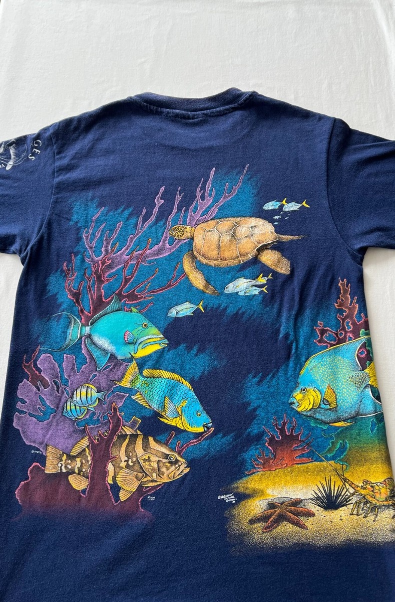 Vintage 1990 Harlequin Fish Turtle Corals Ocean Navy T-shirt Sz M