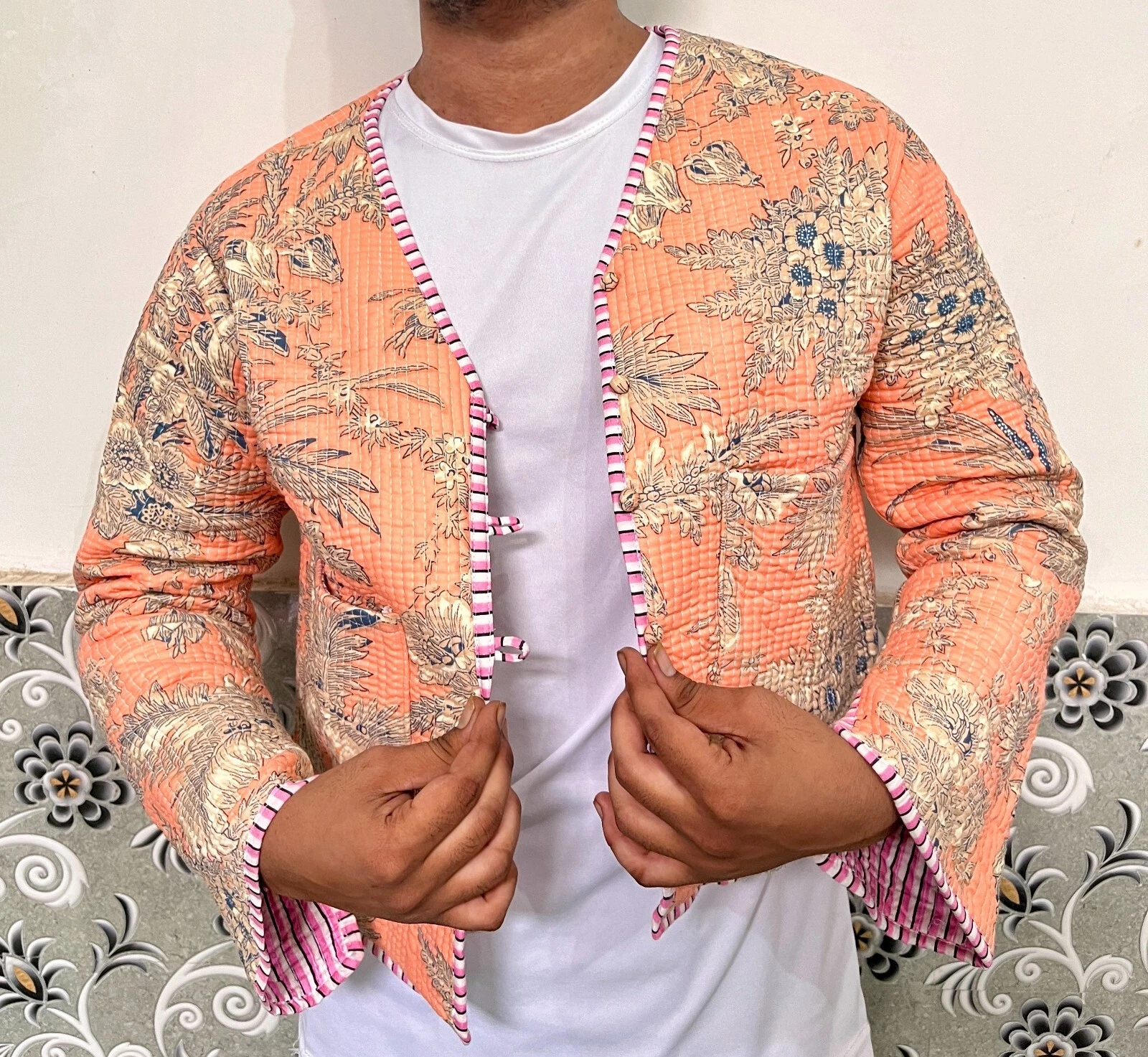 Indian Peach Floral 100% Cotton Quilted Unisex Jacket Women's Clothing Jacket US