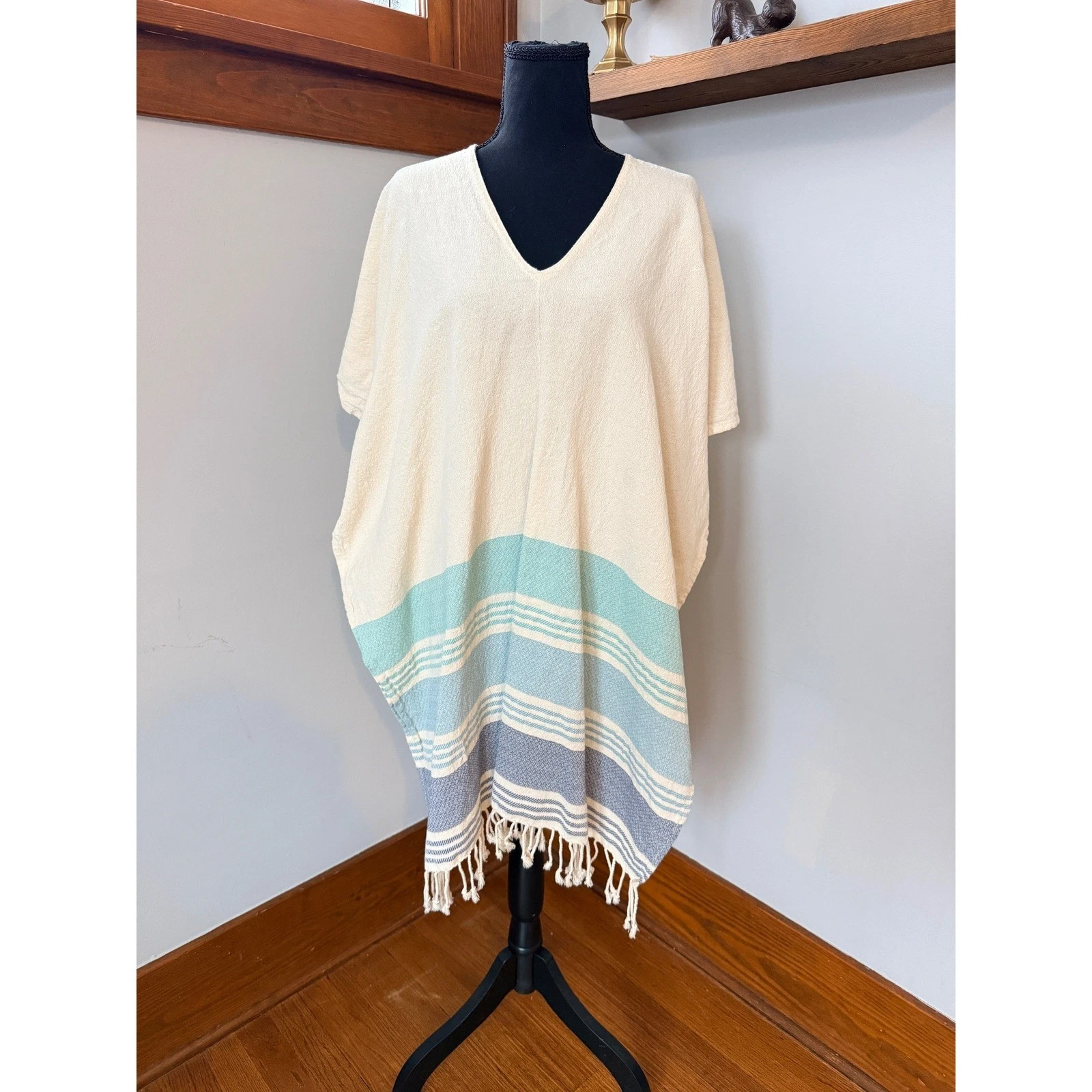 Tribe Alive Striped Cotton Poncho Tunic Cover Up Fringe Hem Boho Resort Style OS