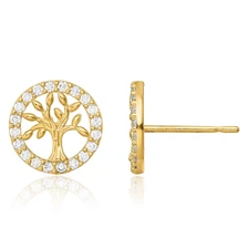 14K Solid Two Tone Gold CZ Tree of Life Stud Earrings
