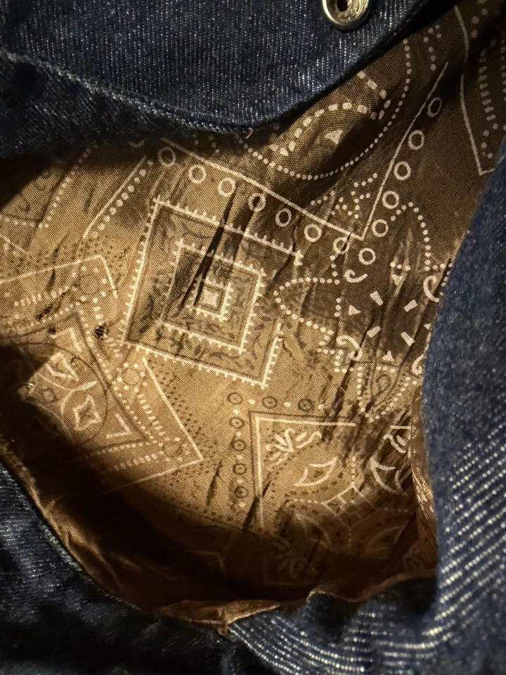 Chaqueta vaquera vintage Hong Kong Tailors lavado oscuro sensación cruda rígida mediana años 70 80 Foto 2 de 4