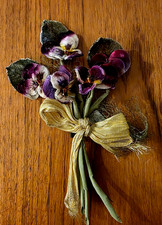 VINTAGE MILLINERY VELVET PANSIES FLOWER, LEAVES, NETTING, RIBBON, PIN