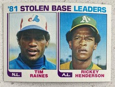 1982 Topps #164 Tim Raines NL / Rickey Henderson AL STOLEN BASE LEADERS HOFers19