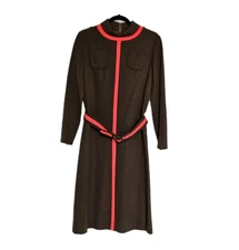 Vtg 60's Berkertex Brown & Orange Striped Jetsons Belted Knit Jersey Shift Dress