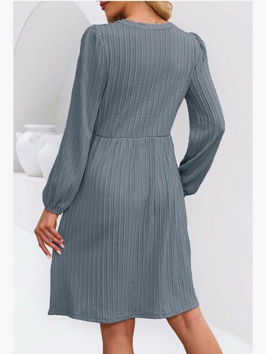 MEROKEETY XL V-Neck Long Sleeve Ribbed A-Line Mini Dress – Gray, 2024 - Picture 4 of 6