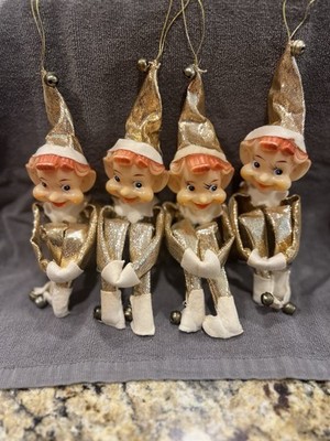 Set of 4 Rubber Faced Vintage Pixie Elf Knee Huggers Dressed in Gold Lame