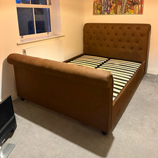 Brown Upholstered Tufted Sleigh Double Bed Frame with Slatted Base