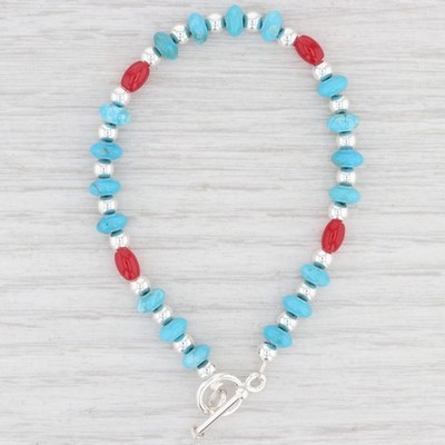 New Blue Red Glass Bead Bracelet Sterling Silver 7  6mm Toggle Clasp