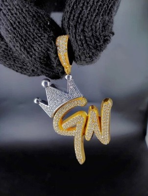 14k Yellow Gold Plated Custom Initial GN Letter Crown Pendant 2.00Ct Moissanite