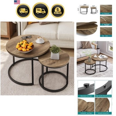 Nesting Coffee Table Set of 2, 23.6'' Round Coffee Table Wood Grain Top with A...