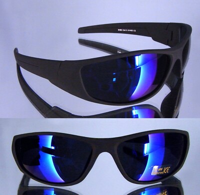 Herren Biker Brillen schwarz matt Sonnenbrille Sportbrille UV 400 blaues Glas