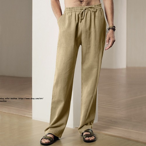 Mens Cotton Linen Loose Trousers Wide Leg Elastic Waist Casual Loose Pants S-3XL - Picture 53 of 55