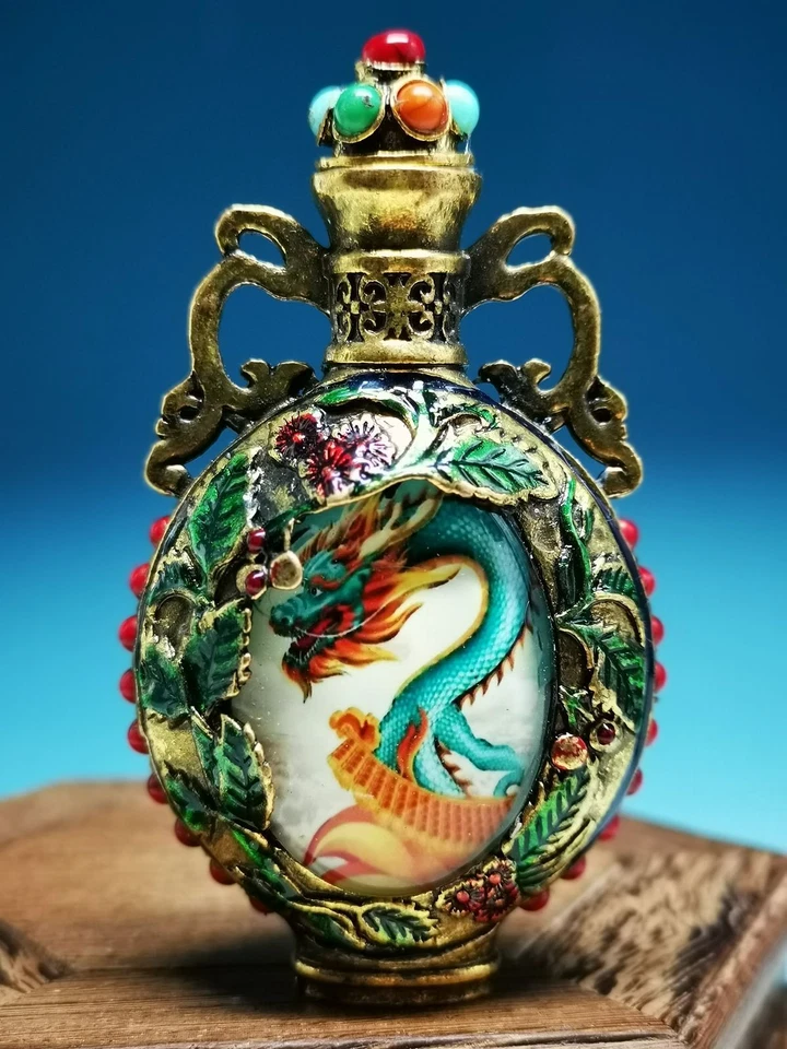 Botella de tabaco perfecta con incrustaciones de cobre turquesa esmalte cloisonne dragones perlas Foto 2 de 4