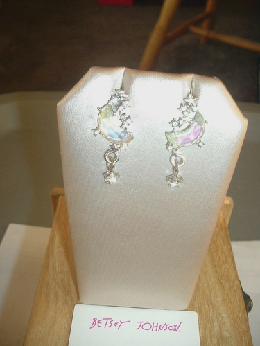 Clear Crystal Moon Adorned Dangling Stars Silver Betsey Johnson Pierced EARRINGS - Picture 5 of 6