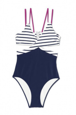 Land's End Cutout Swimsuit high waist Monokini sz 4 Blue Pink Stripe New