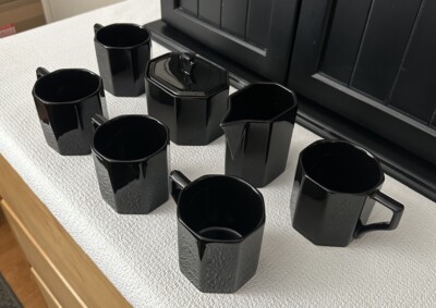 5 Daniel Hechter CAA70 Porcelain Octagonal Jet Black Cups W/ Pitcher & Sugar Jar