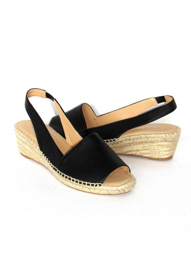 CARMEN SAIZ Black Leather PeepToe Wedge Espadrille Sandals SZ 42 NEW - Picture 4 of 6