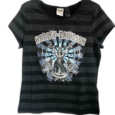 Harley Davidson NWT Women's Gray Black Striped Short Sleeve T-Shirt Bling Logo L