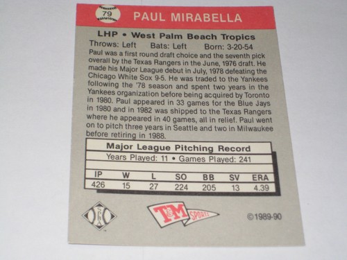 MLB PITCHER PAUL MIRABELLA AUTOGRAPHED SR LEAGUE CARD COA FREE SHIP! - Picture 2 of 3
