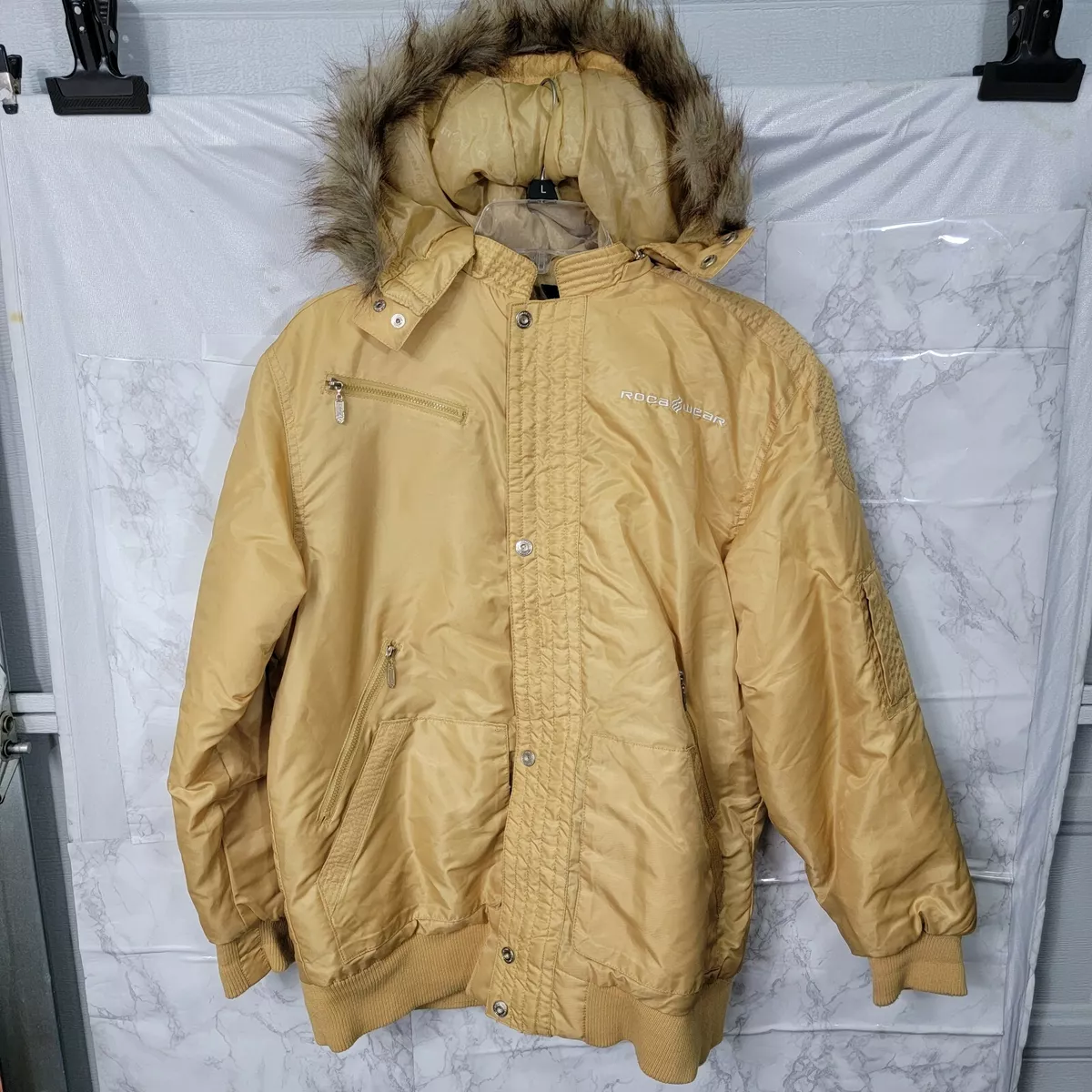 RocaWear Puffer Coat Jacket Embroidered Logo Women s L Yellow Preowned R8