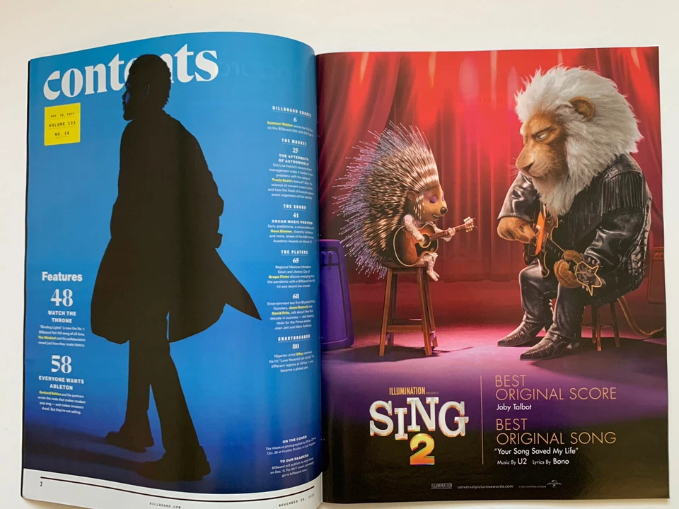 **THE WEEKEND / MARIAH CAREY / SING 2 BILLBOARD MUSIC MAGAZINE NOVEMBER 2021** - Image 2 of 4