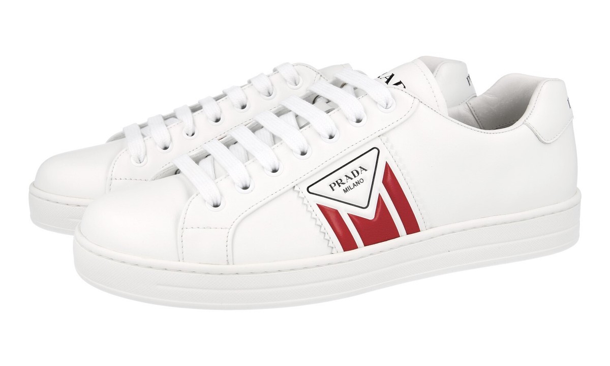 maco PRADA レザースニーカーホワイト/レッド 　正規美品 LUXURY PRADA SNEAKERS SHOES 4E3544 WHITE/RED LEATHER NEW US 8 EU