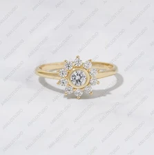 14k Yellow Gold Natural Diamond Sunflower Minimalist Cluster Halo Unique Ring