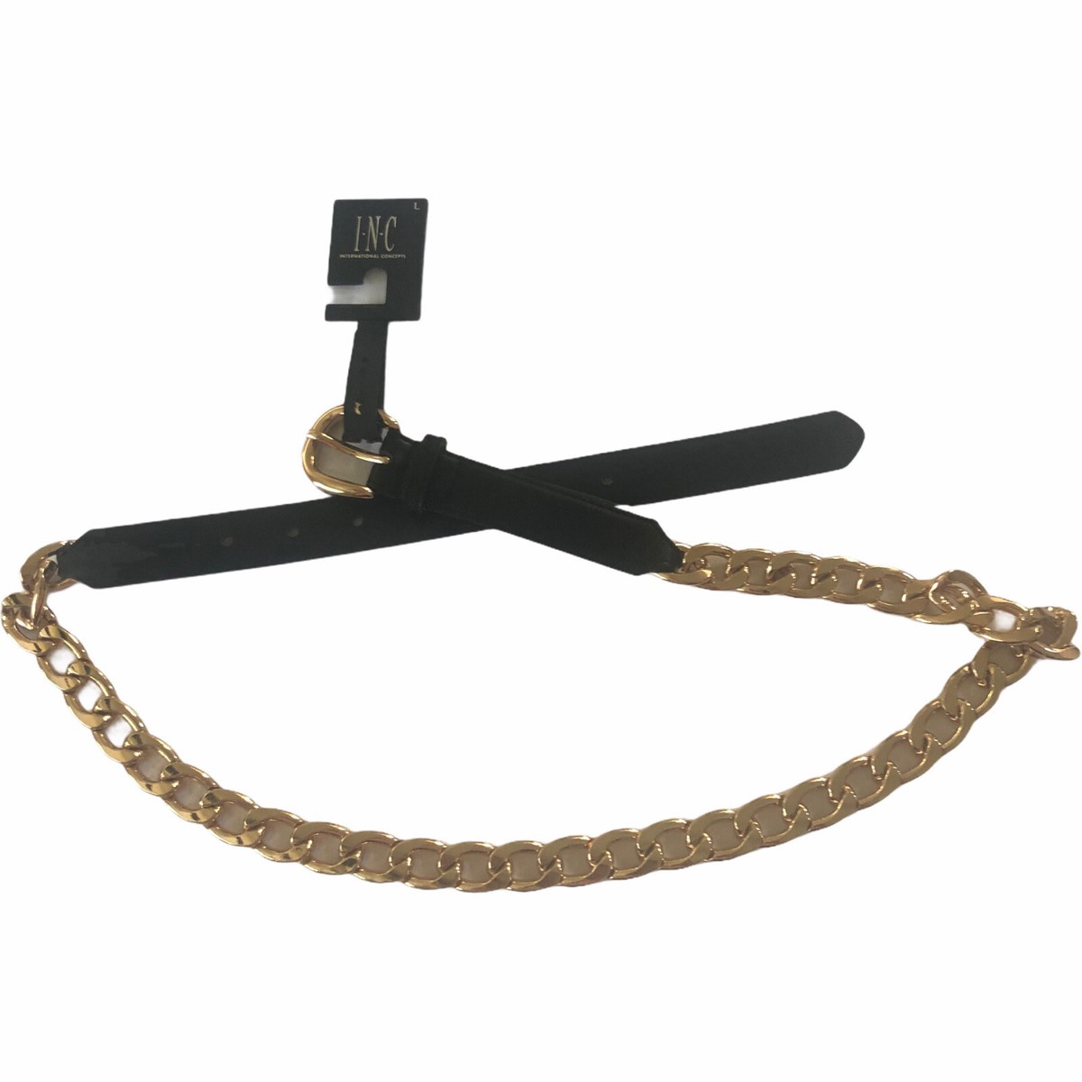 INC Large Smooth Black Faux Leather Gold Tone Chain Link  display picture 3