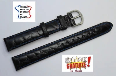 Bracelet montre , 14mm;NOIR surpiqué BLEU; grain CROCO ; CUIR VERITABLE / 11-2 - Photo 1/3