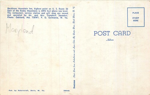 MARYLAND ROADSIDE ROUTE 50 BACKBONE MOUNTAIN INN VISTA POSTAL VINTAGE - Imagen 2 de 2